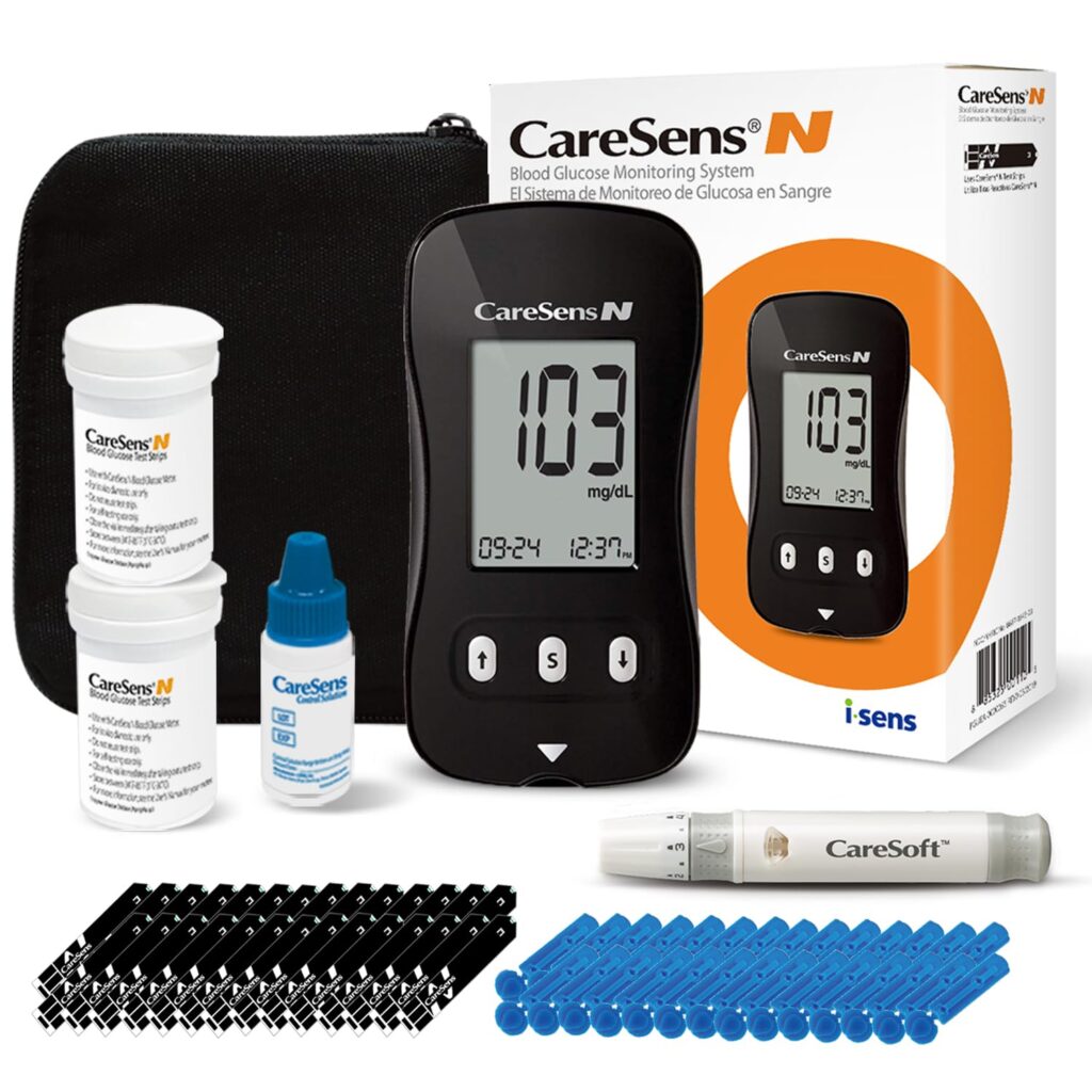 CareSens N Blood Glucose Monitor Kit with 100 Blood Sugar Test Strips, 100 Lancets, 1 Blood Glucose Meter, 1 Lancing Device, Travel Case for Diabetes Testing Kit (Auto-Coding Glucometer kit with 1 Control Solution)…