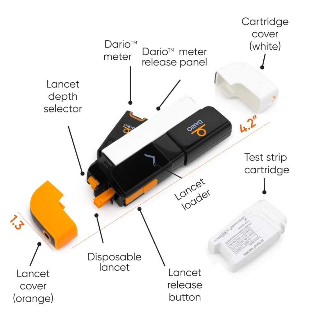 Dario Smart Glucose Monitor Kit | Test Blood Sugar Levels  Manage Diabetes, Testing Kit Includes: Glucometer with 25 Strips, 10 Sterile lancets (iPhone Lightning - NOT Compatible with iPhone 15)