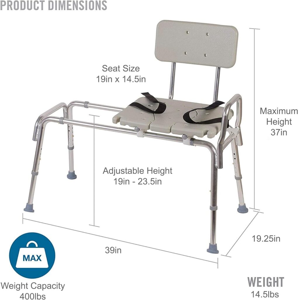 DMI Tub Transfer Bench and Shower Chair with Non Slip Aluminum Body, FSA Eligible, Adjustable Seat Height and Cut Out Access, Holds Weight up to 400 Lbs, Bath and Shower Safety, Transfer Bench