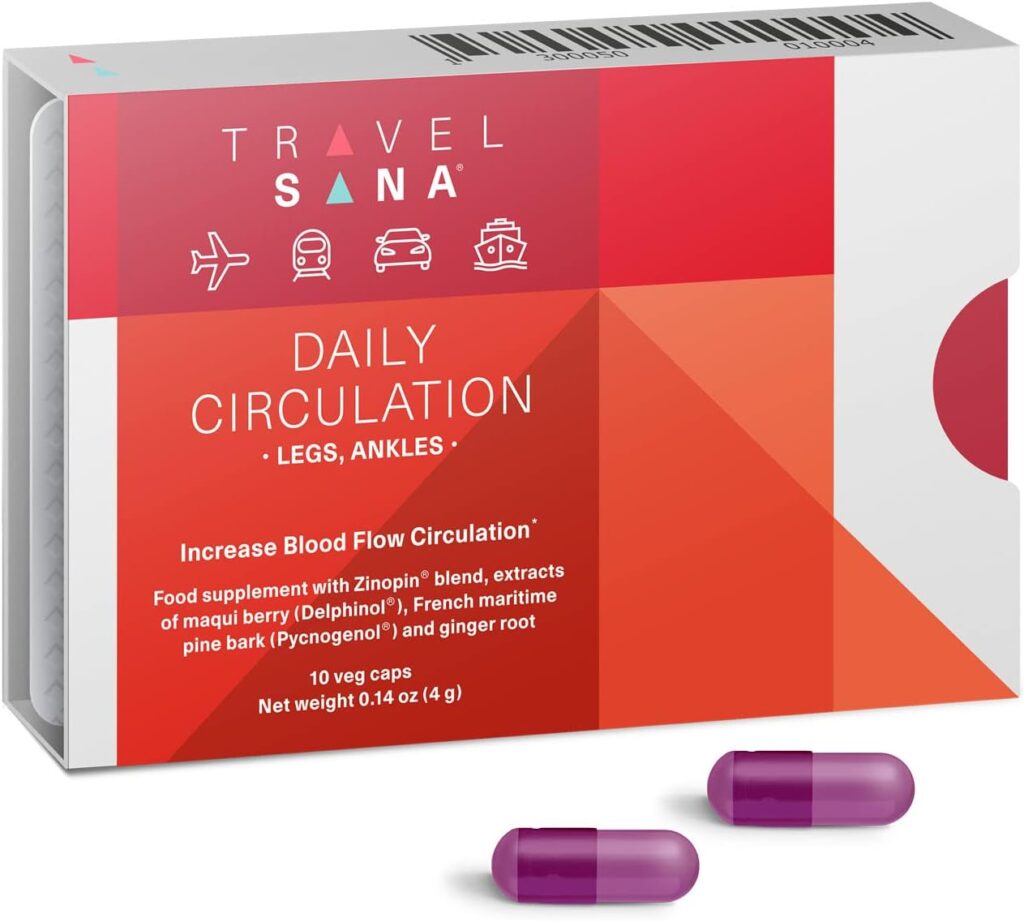 TRAVELSANA Daily Circulation |Pycnogenol 25mg |Maqui Berry 100mg |Premium |Natural Supplement |Delphinol |French Maritime Pine Bark and Ginger Root Extracts | 10 Vegan Caps