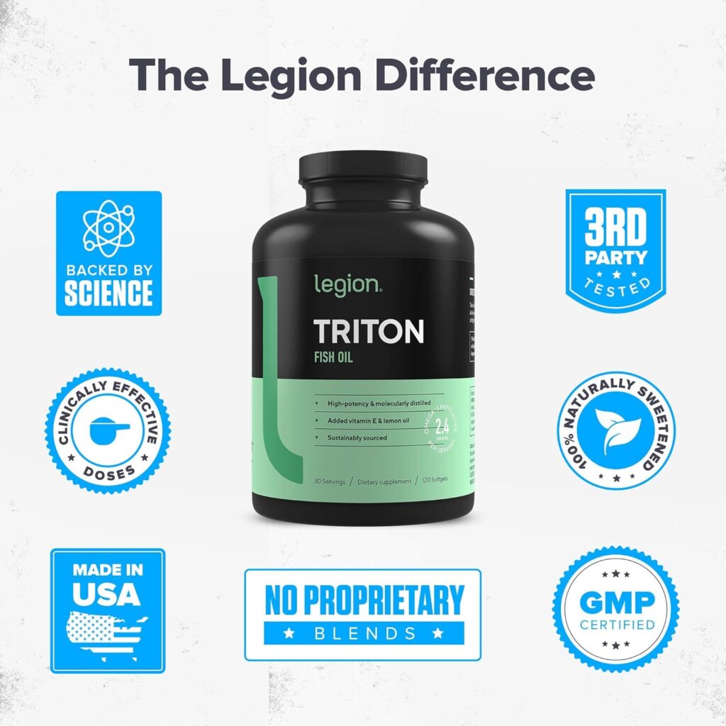 LEGION Athletics Triton Fish Oil Capsules - Triple Strength Omega 3 Essential Fatty Acids with Vitamin E  Lemon Oil for Maximum Absorption, Freshness  Purity - 2400mg EPA  DHA Per Serving, 30 Svgs