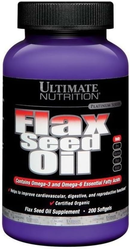 Ultimate Nutrition Flaxseed Oil Dietary Supplement, Includes Omega 3 and 6 Essential Fatty Acids, Supports Cardiovascular Health and Digestive System, 200 Organic Softgels