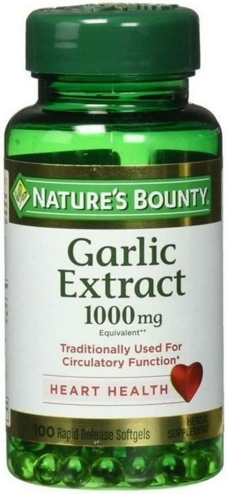 Natures Bounty Garlic Extract 1000 mg, Promotes Heart Health and Cholesterol Support100 Rapid Release Softgels, contains Soybean oil, gelatin, vegetable glycerin.