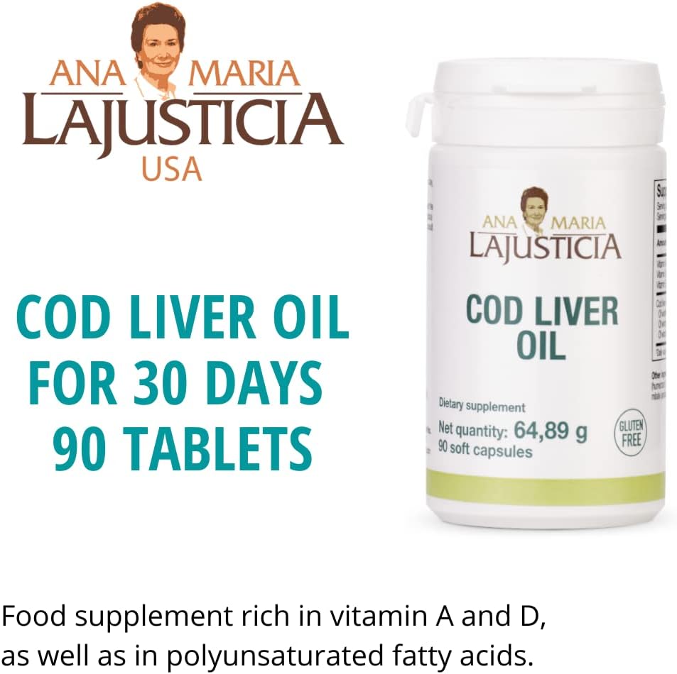 Ana Maria Lajusticia- COD Liver Oil - Rich in Omega-3 + Vitamins A, D  E. 30-Day Treatment Pack. Cardiovascular Health. Gluten Free.