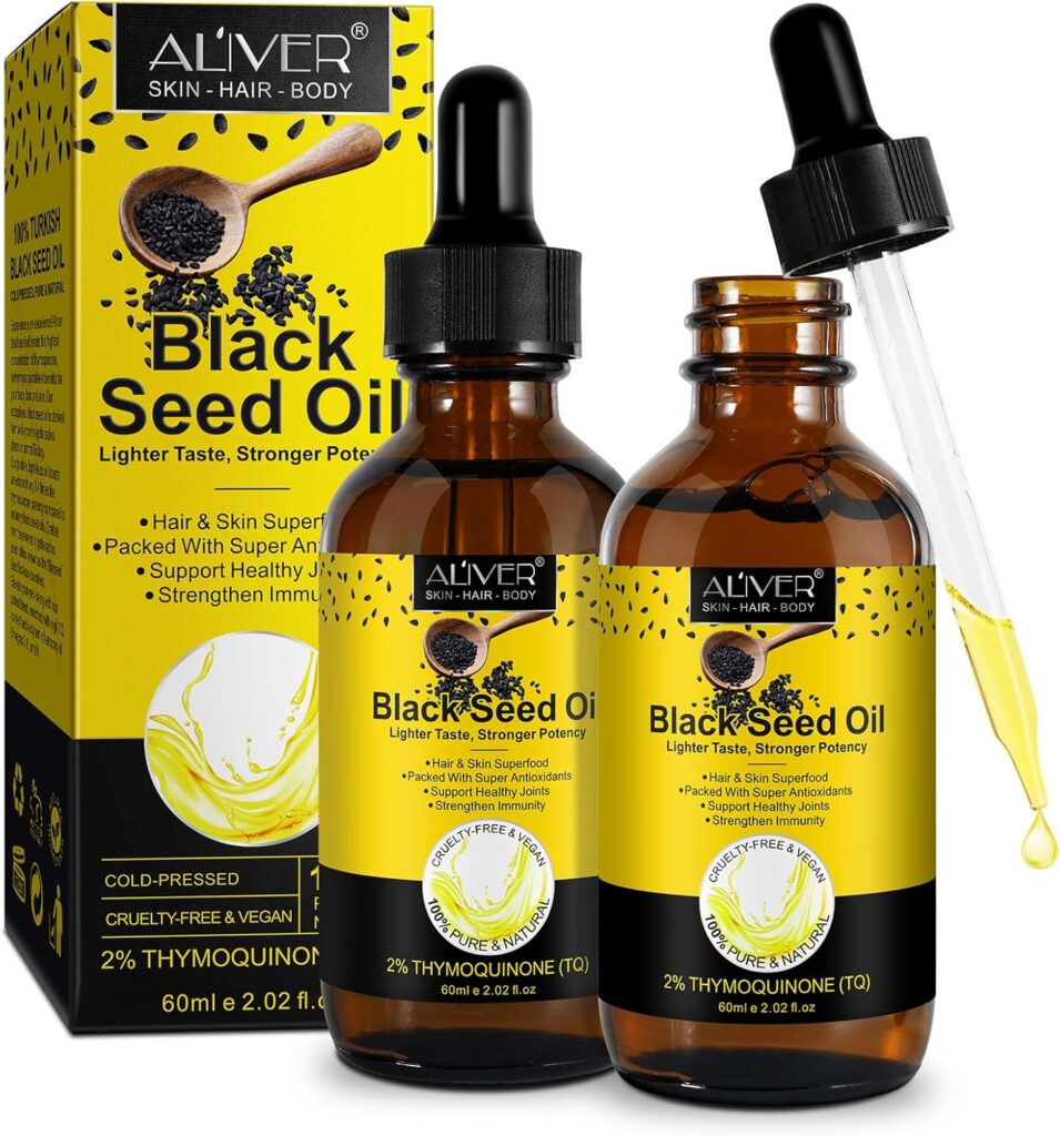 Black Seed Oil, 100% Virgin Cold Pressed Black Seed Oil Organic with Vitamin E Thymoquinone Rich in Omega 3 6 9 Antioxidant for Skin  Hair,Joints (2 PC)