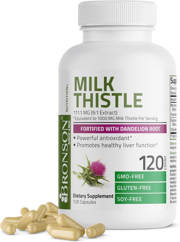 Bronson Milk Thistle Silymarin Marianum  Dandelion Root Liver Health Support, Antioxidant Support, Detox, 120 Capsules