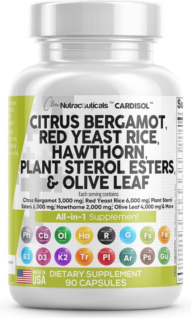 Clean Nutraceuticals Citrus Bergamot 3000mg Red Yeast Rice 6000mg Capsules with Plant Sterols 6000mg - with Hawthorn Extract Olive Leaf Niacin Vitamin K3 D3 COQ10 Guggul  More - USA Made