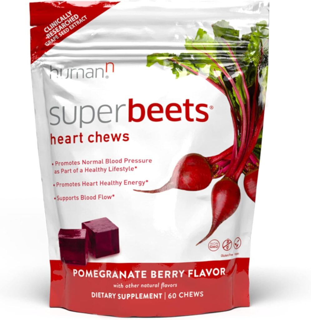 humanN SuperBeets Heart Chews - Nitric Oxide Production and Blood Pressure Support - Grape Seed Extract  Non-GMO Beet Energy Chews - Pomegranate Berry Flavor - 60 Count