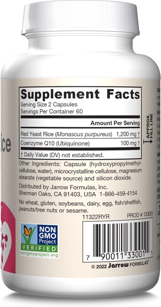 Jarrow Formulas Red Yeast Rice 1200 mg  Co-Q10 100 mg Per Serving - 120 Veggie Caps - 60 Servings - Herbal Heart Health Dietary Supplement - Supports Cardiovascular  Heart Health - Vegan