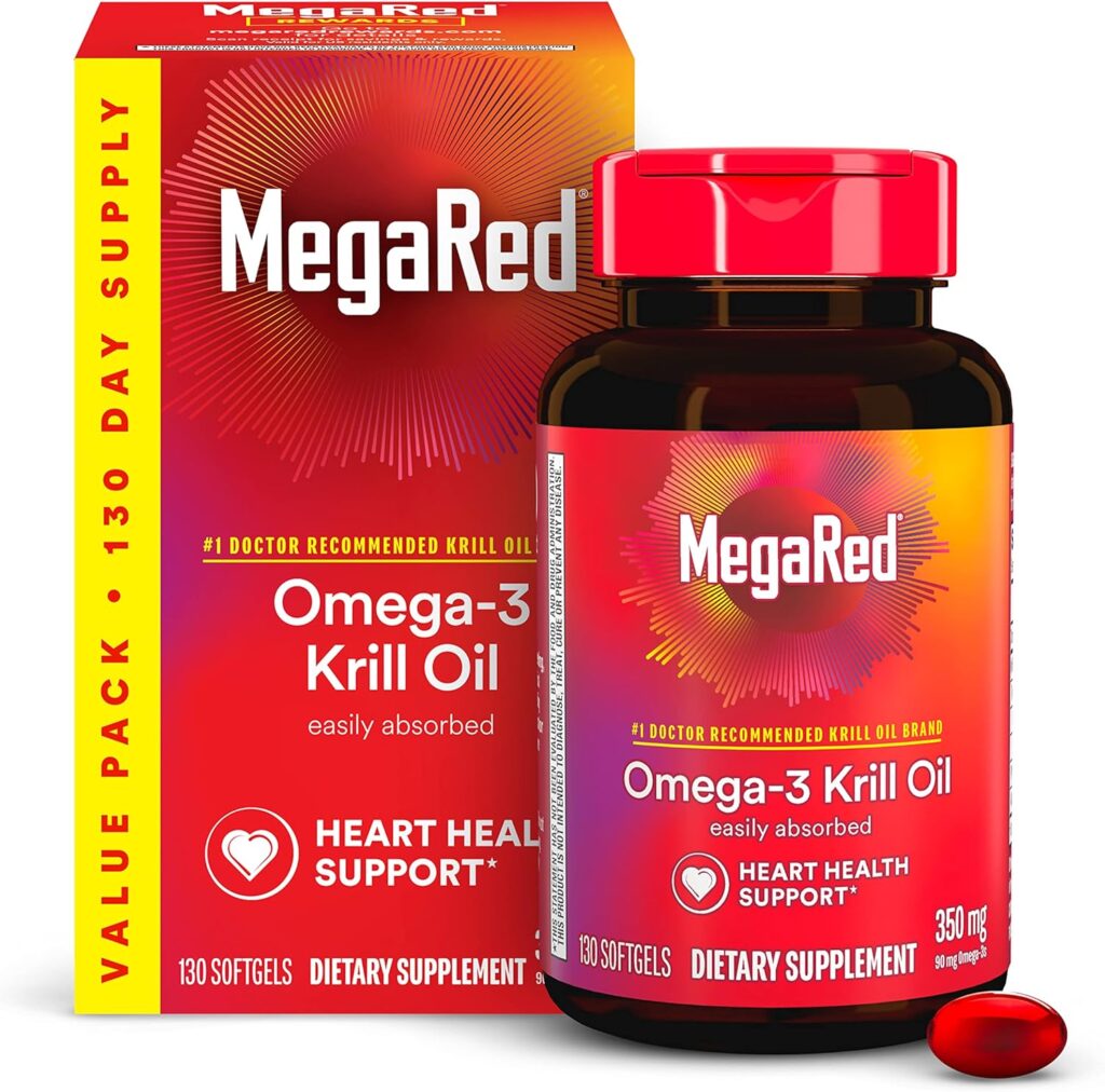 MegaRed Krill Oil 350mg Omega 3 Supplement, 1 Dr Recommended Krill Oil Brand with EPA, DHA, Astaxanthin  Phopholipids, Supports Heart, Brain, Joint and Eye Health - 130 Softgels (130 Servings)