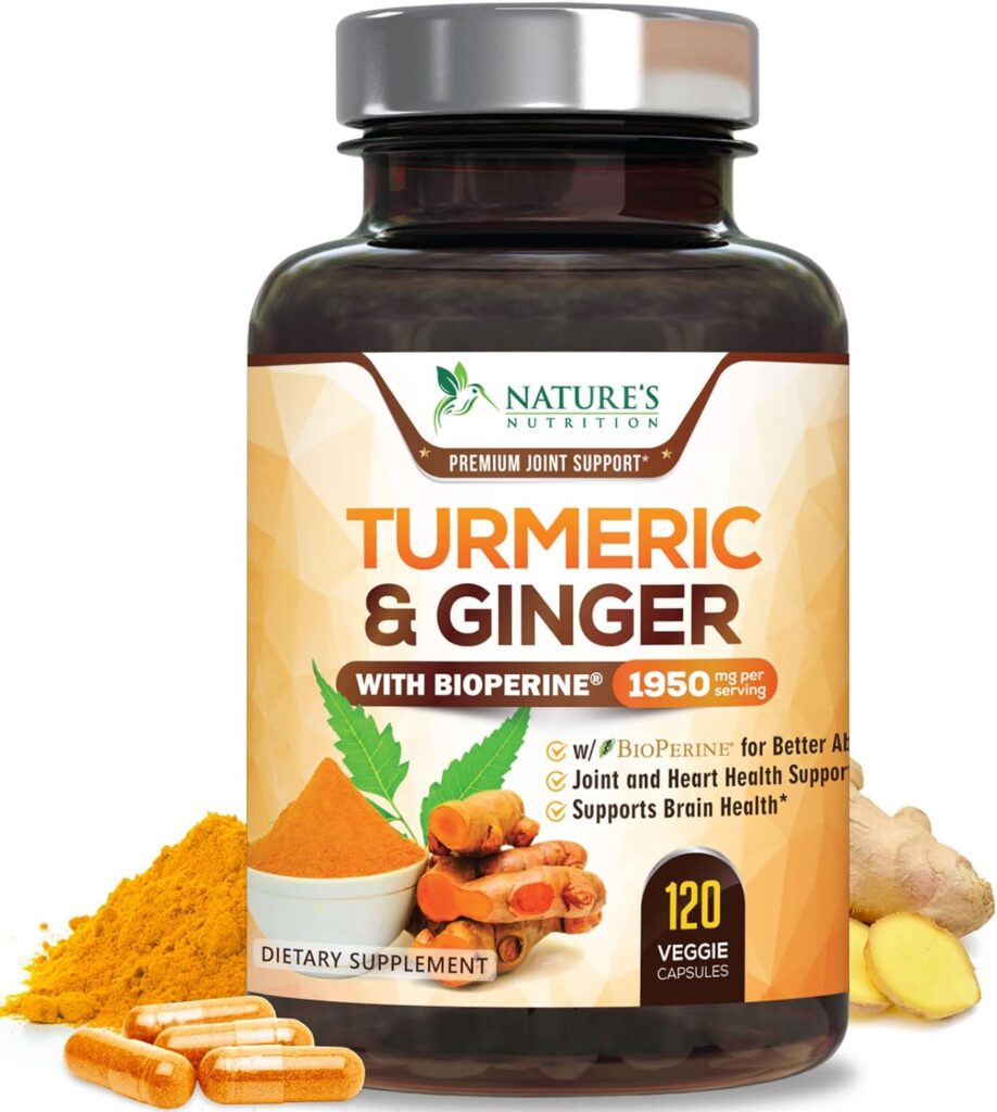 Turmeric Curcumin with BioPerine  Ginger 95% Standardized Curcuminoids 1950mg Black Pepper for Max Absorption Joint Support, Natures Tumeric Herbal Extract Supplement, Vegan, Non-GMO - 120 Capsules