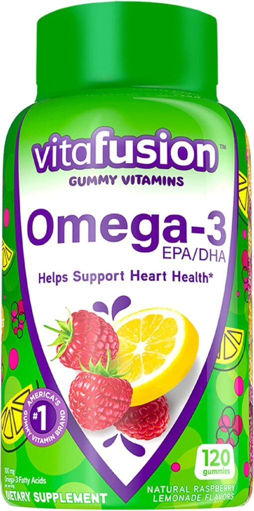 Vitafusion Omega-3 Gummy Vitamins, Berry Lemonade Flavored, Heart Health Vitamins(1) With Omega 3 EPA/DHA and Vitamins A, C, D and E, America’s Number 1 Vitamin Brand, 60 Day Supply, 120 Count