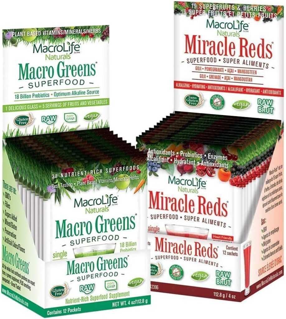 MacroLife Naturals Macro Greens  Miracle Reds Immunity Bundle - Superfood Antioxidant - Herbal, Fruits  Berries Probiotic Immunity Non-GMO, Vegan, Gluten-Free, Dairy-Free - 24 Packet Servings