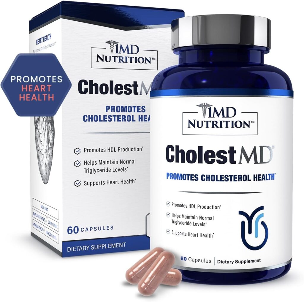 1MD Nutrition CholestMD Supports Healthy Cholesterol Levels Already in Normal Range, Promote Healthy Heart - Cholesterol Supplement w/Olive Leaf Extract, Citrus Bergamot, Niacin, Garlic- 60 Capsules