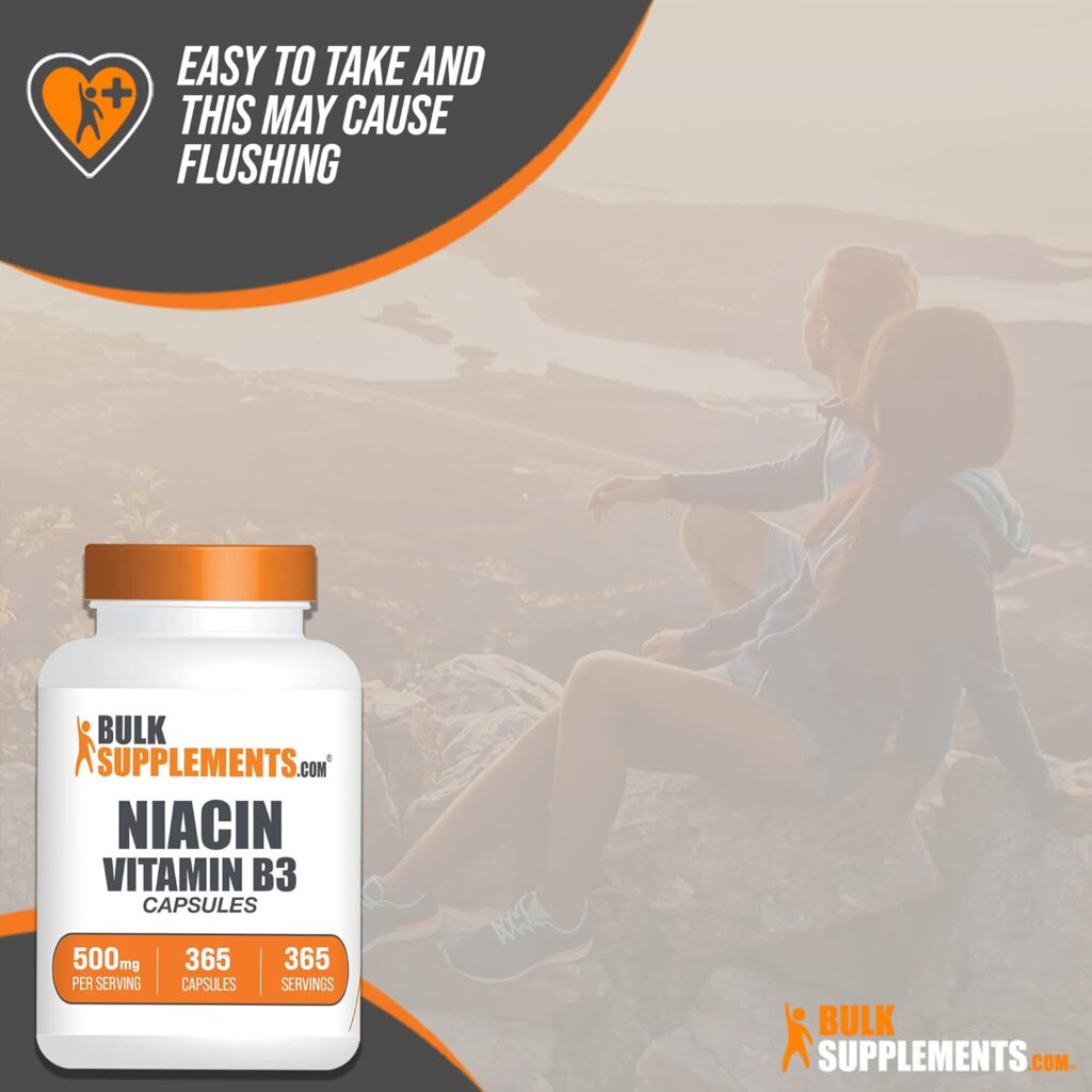 BulkSupplements.com Niacin Capsules - Vitamin B3 Supplement, Niacin 500mg - Niacin Flush, B3 Vitamins - May Cause Flushing, Gluten Free, 1 Vitamin B3 Niacin Capsule per Serving, 365 Capsules