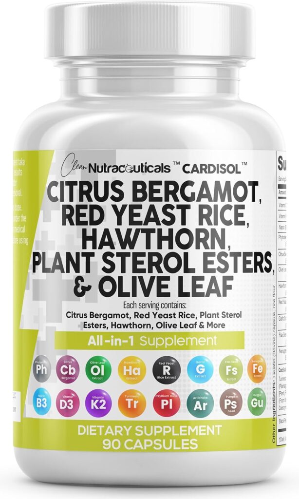 Clean Nutraceuticals Citrus Bergamot 3000mg Red Yeast Rice 6000mg Capsules with Plant Sterols 6000mg - with Hawthorn Extract Olive Leaf Niacin Vitamin K3 D3 COQ10 Guggul  More - USA Made