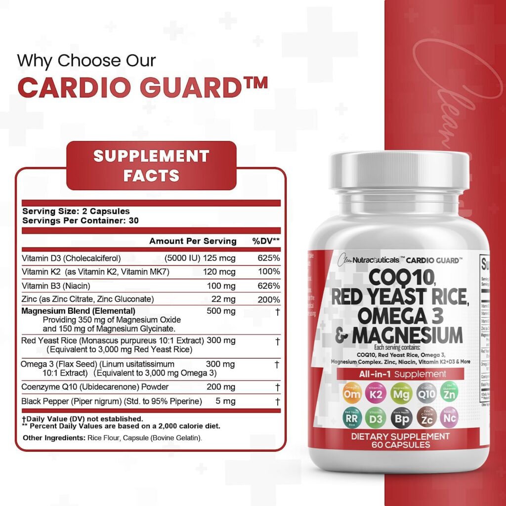 COQ10 200mg Red Yeast Rice 3000mg Omega 3 3000mg Magnesium Complex 500mg Niacin Zinc Vitamin K2 D3 - Heart Health Support Vitamins for Women and Men with Vitamin B3, Coenzyme Q10-60 Ct