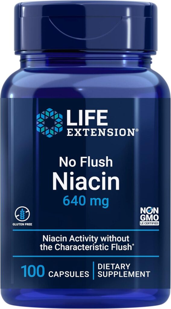 Life Extension No Flush Niacin, B3 for Heart Health, Cholesterol  Energy Support, Non-GMO, Gluten-Free, 100 Capsules