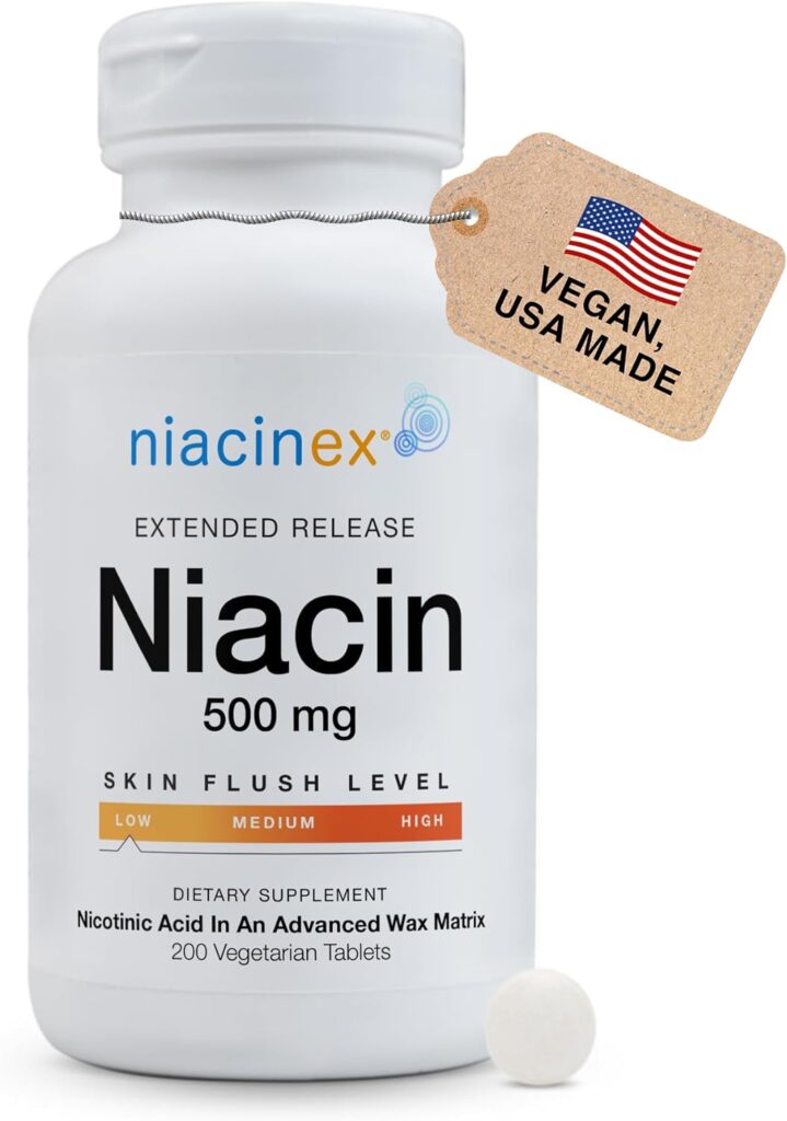 Niacin 500mg Extended Time Release Tablets Minimal to No-Flush, Vitamin B3 Supplement - Cholesterol Balance, Nicotinic Acid - Vegan, cGMP, Made in The USA (1 Pack)