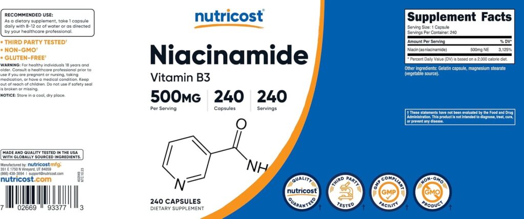 Nutricost Niacinamide (Vitamin B3) 500mg, 240 Capsules - Non-GMO, Gluten Free, Flush Free Vitamin B3