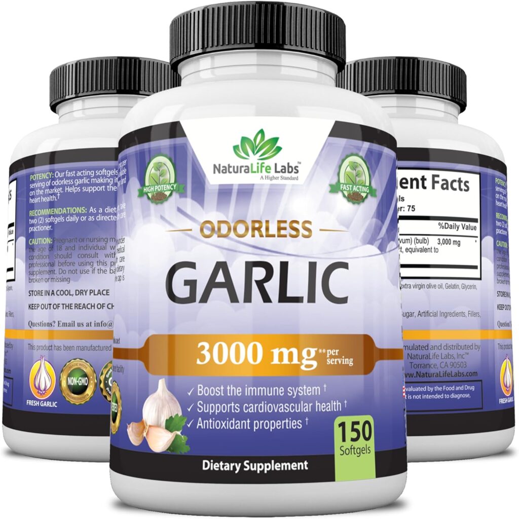 Odorless Pure Garlic 3000 mg per Serving Maximum Strength 150 Soft gels Promotes Healthy Cholesterol Levels Immune System Support