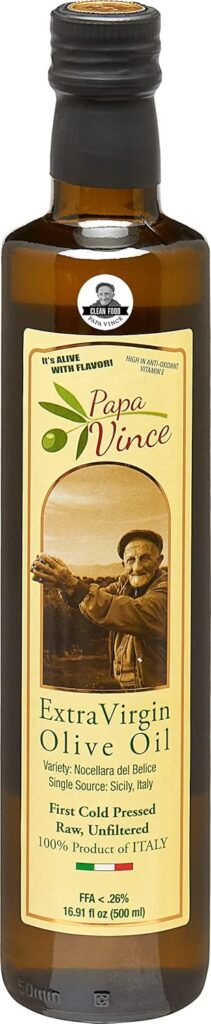 Papa Vince Olive Oil Extra Virgin - First Cold Press Family Harvest 2023/24, Polyphenol Rich, Subtle Peppery Finish, Unrefined, High in Monounsaturated Fat, No Pesticides, No GMO, Sicily, Italy