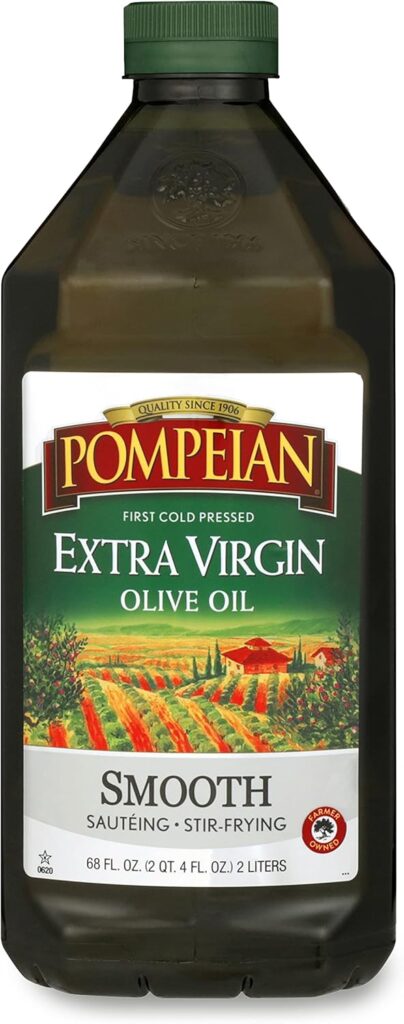 Pompeian Smooth Extra Virgin Olive Oil, First Cold Pressed, Mild and Delicate Flavor, Perfect for Sauteing  Stir-Frying, 68 Fl Oz