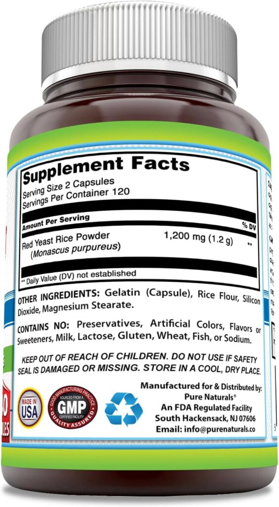 Pure Naturals Red Yeast Rice 1200 Mg per Serving, 240 Capsules Supplement | Non-GMO | Gluten Free | Made in USA