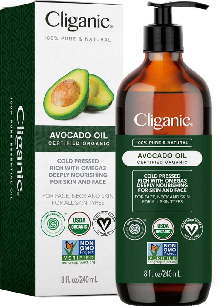 Cliganic Organic Avocado Oil, 100% Pure (8oz) - for Skin  Hair, Nourishing Carrier Oil for Face  Body