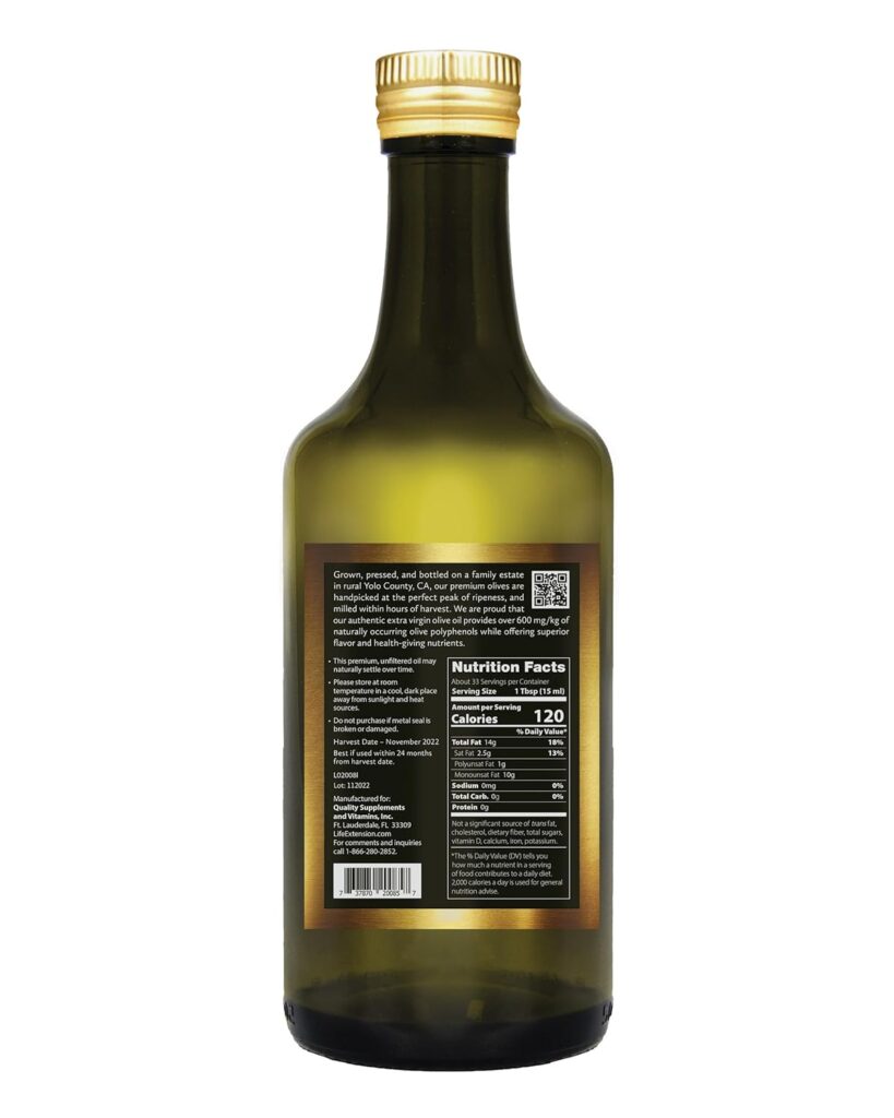 Life Extension California Estate Extra Virgin Olive Oil, 500 Ml, Rich Polyphenol Unfiltered Cold Pressed Olive Oil - Non-GMO, Vegetarian