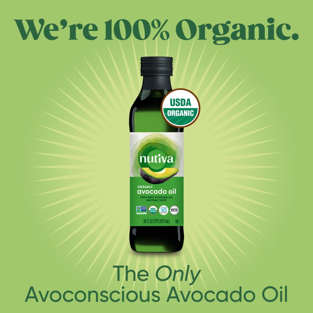 Nutiva Organic Steam-Refined Avocado Oil, 100% Pure, 16 Fl Oz, USDA Organic, Non GMO, Whole 30 Approved, Keto, Paleo, High-Heat Oil with Neutral Flavor and Aroma for Cooking  Frying